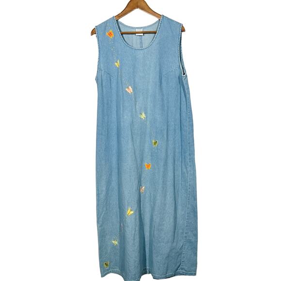 Vintage Chambray EMbroidered Butterfly Dress Modest Ankle - L - Picture 1 of 5